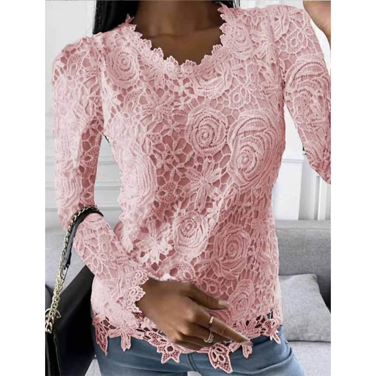 Women's Floral Lace Long Sleeve Blouse Shirt Pink Women's Tops - Tophatter Daily Deals