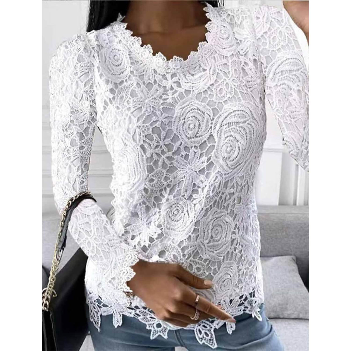 Women's Floral Lace Long Sleeve Blouse Shirt White Women's Tops - Tophatter Daily Deals