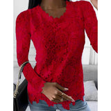 Women's Floral Lace Long Sleeve Blouse Shirt Wine Red Women's Tops - Tophatter Daily Deals