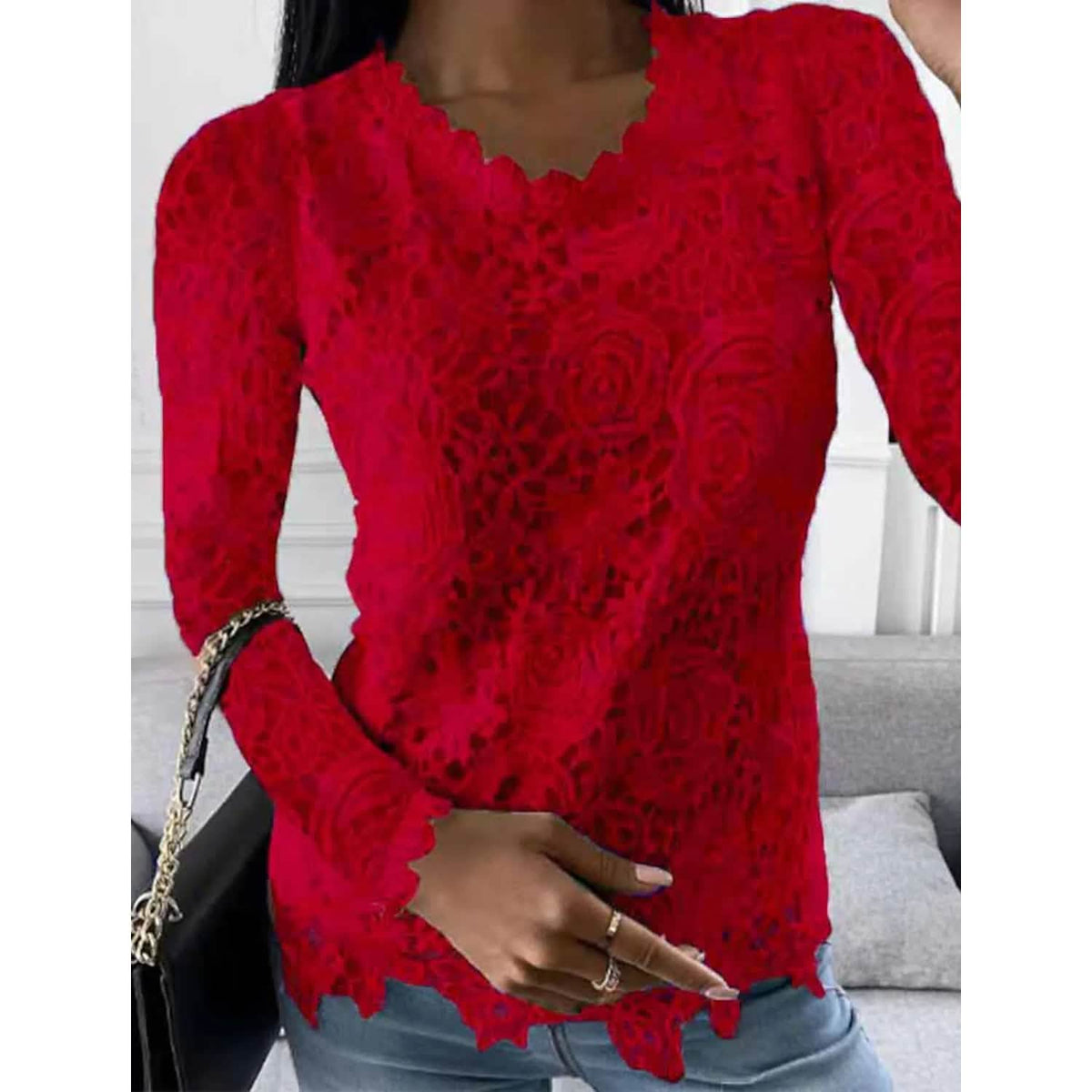 Women's Floral Lace Long Sleeve Blouse Shirt Wine Red Women's Tops - Tophatter Daily Deals