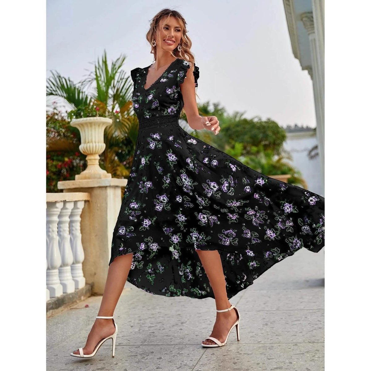 Women's Full Body Floral Print High Low Hem A-Line Dress Women's Dresses - Tophatter Daily Deals