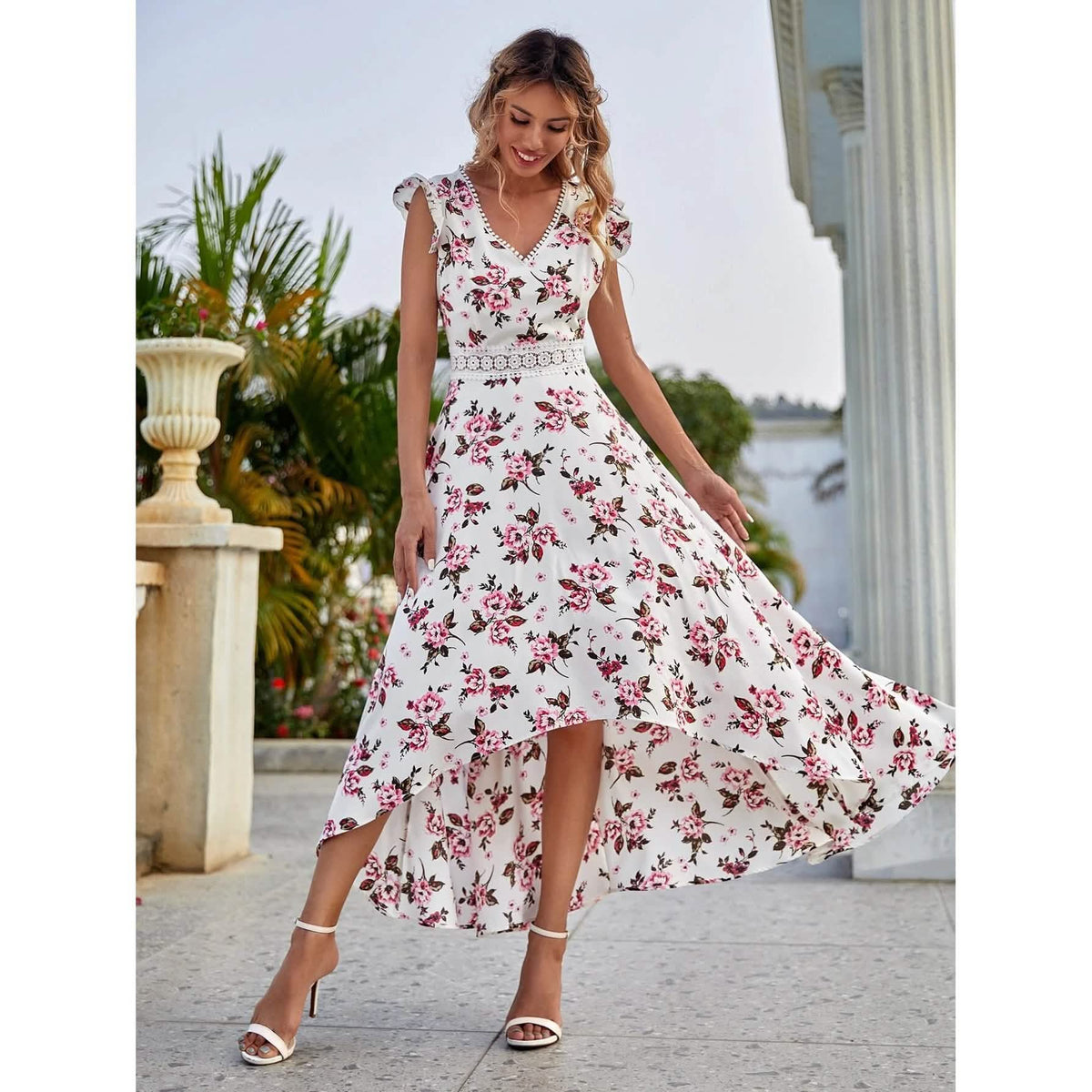 Women's Full Body Floral Print High Low Hem A-Line Dress Women's Dresses - Tophatter Daily Deals