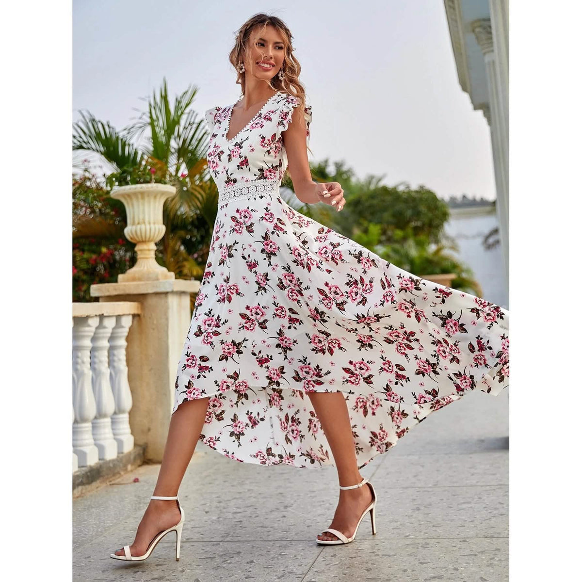 Women's Full Body Floral Print High Low Hem A-Line Dress Women's Dresses - Tophatter Daily Deals