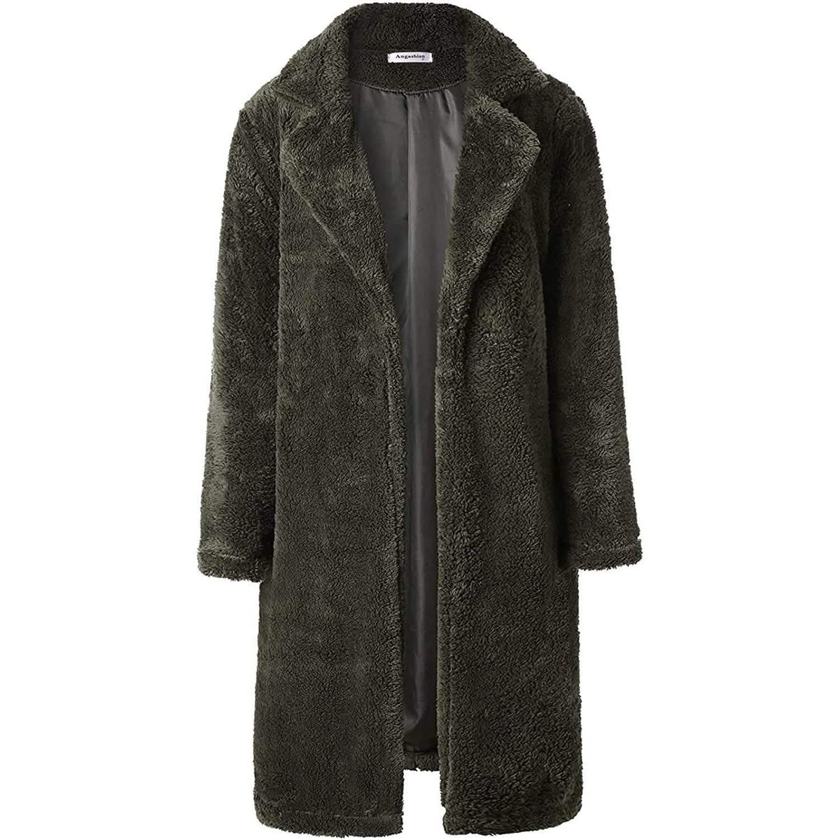Women's Fuzzy Fleece Lapel Open Front Long Cardigan Coat Army Green Women's Outerwear - Tophatter Daily Deals