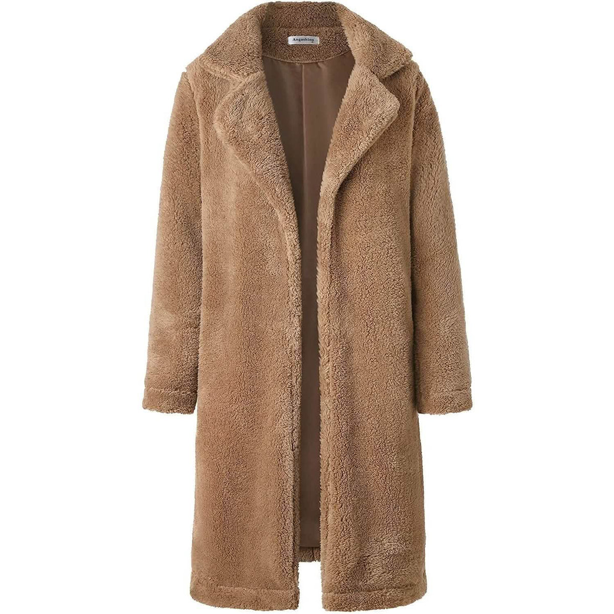 Women's Fuzzy Fleece Lapel Open Front Long Cardigan Coat Brown Women's Outerwear - Tophatter Daily Deals