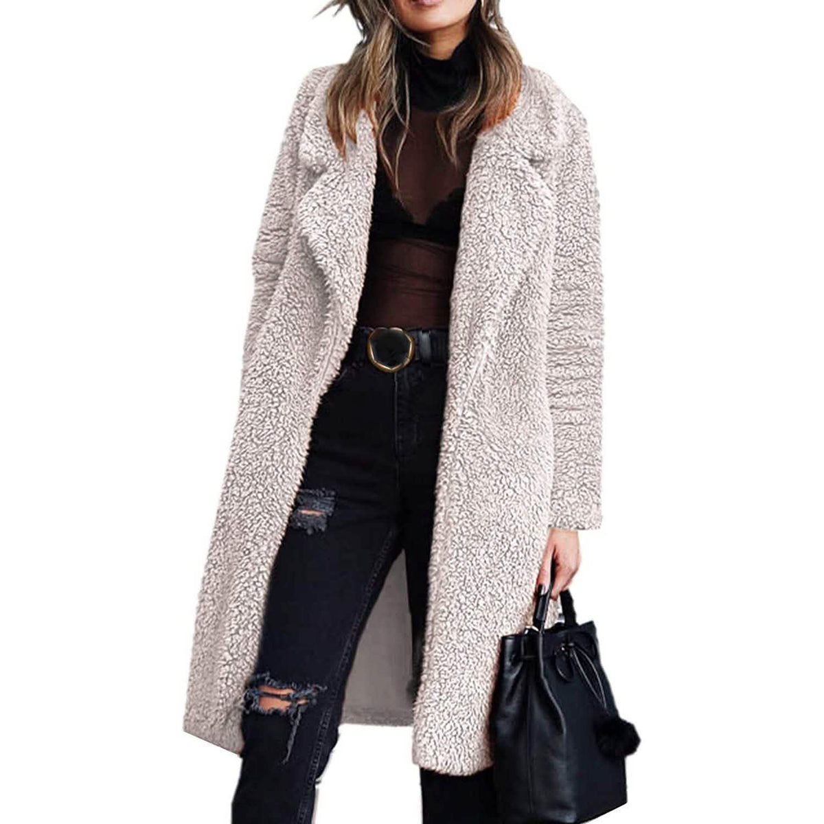 Women's Fuzzy Fleece Lapel Open Front Long Cardigan Coat Women's Outerwear - Tophatter Daily Deals