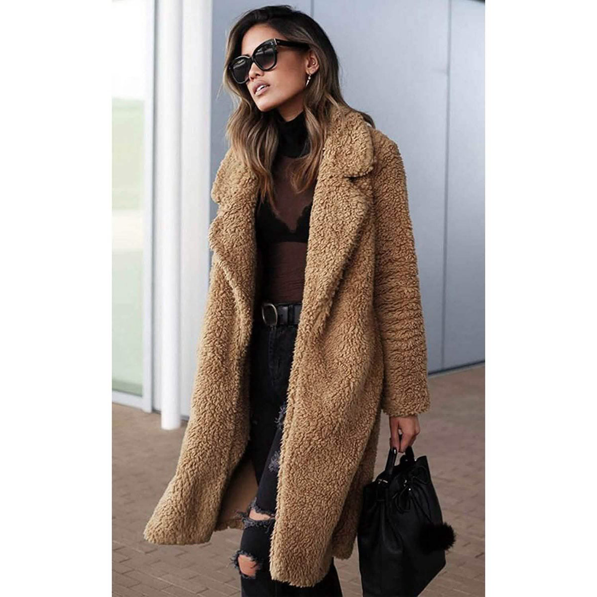 Women's Fuzzy Fleece Lapel Open Front Long Cardigan Coat Women's Outerwear - Tophatter Daily Deals