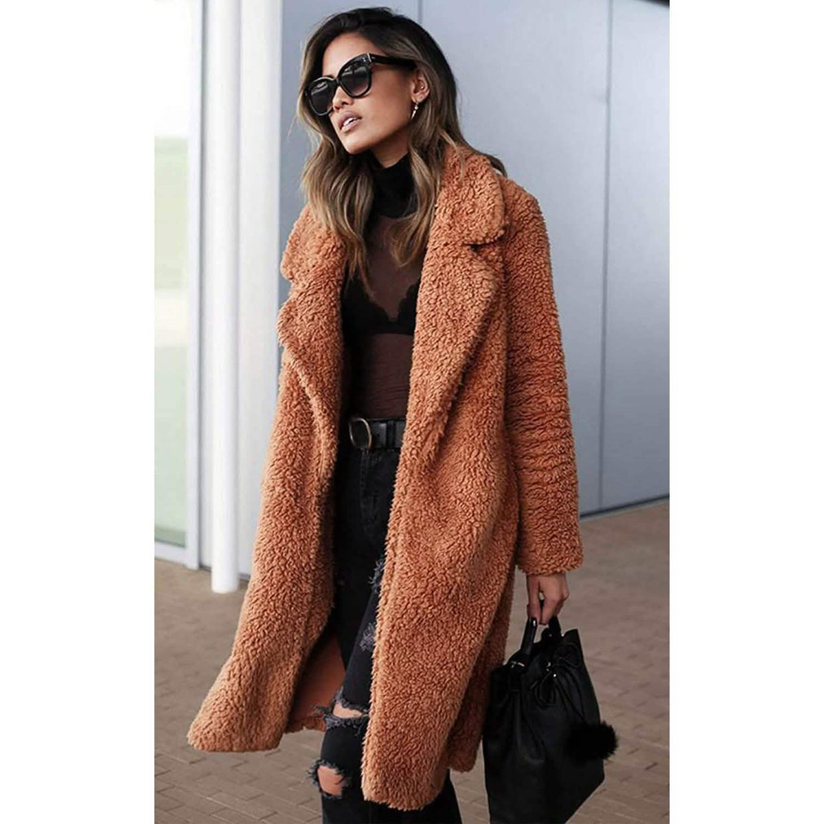 Women's Fuzzy Fleece Lapel Open Front Long Cardigan Coat Women's Outerwear - Tophatter Daily Deals
