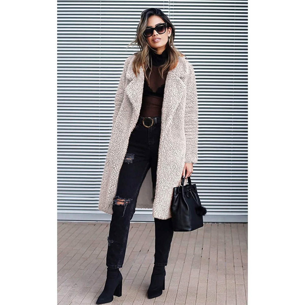 Women's Fuzzy Fleece Lapel Open Front Long Cardigan Coat Women's Outerwear - Tophatter Daily Deals
