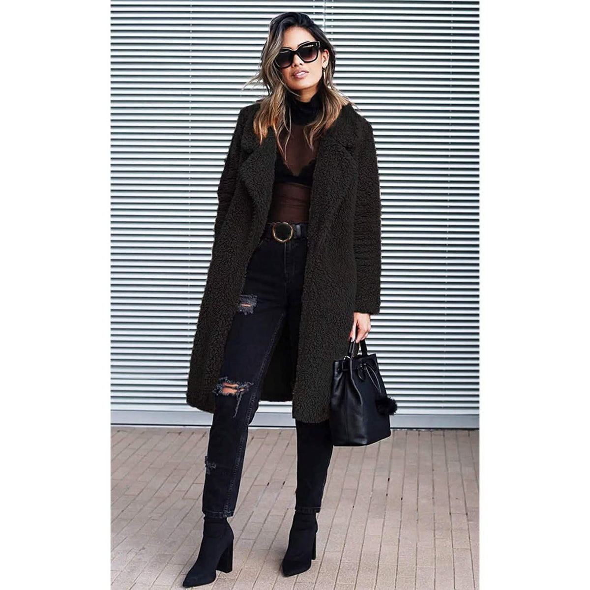 Women's Fuzzy Fleece Lapel Open Front Long Cardigan Coat Women's Outerwear - Tophatter Daily Deals