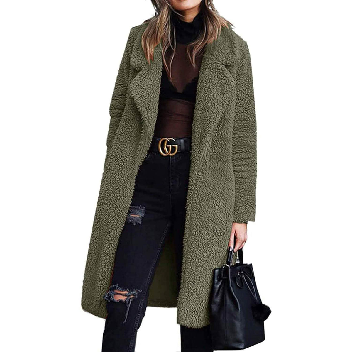 Women's Fuzzy Fleece Lapel Open Front Long Cardigan Coat Women's Outerwear - Tophatter Daily Deals