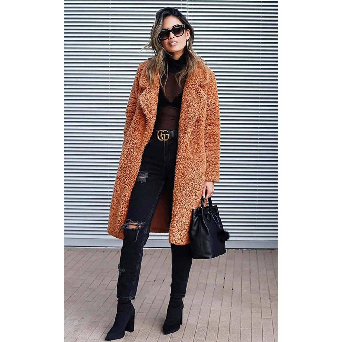 Women's Fuzzy Fleece Lapel Open Front Long Cardigan Coat Women's Outerwear - Tophatter Daily Deals