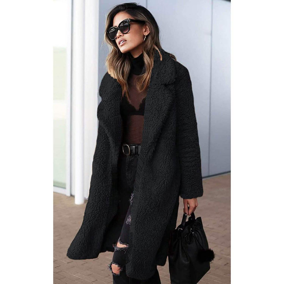 Women's Fuzzy Fleece Lapel Open Front Long Cardigan Coat Women's Outerwear - Tophatter Daily Deals