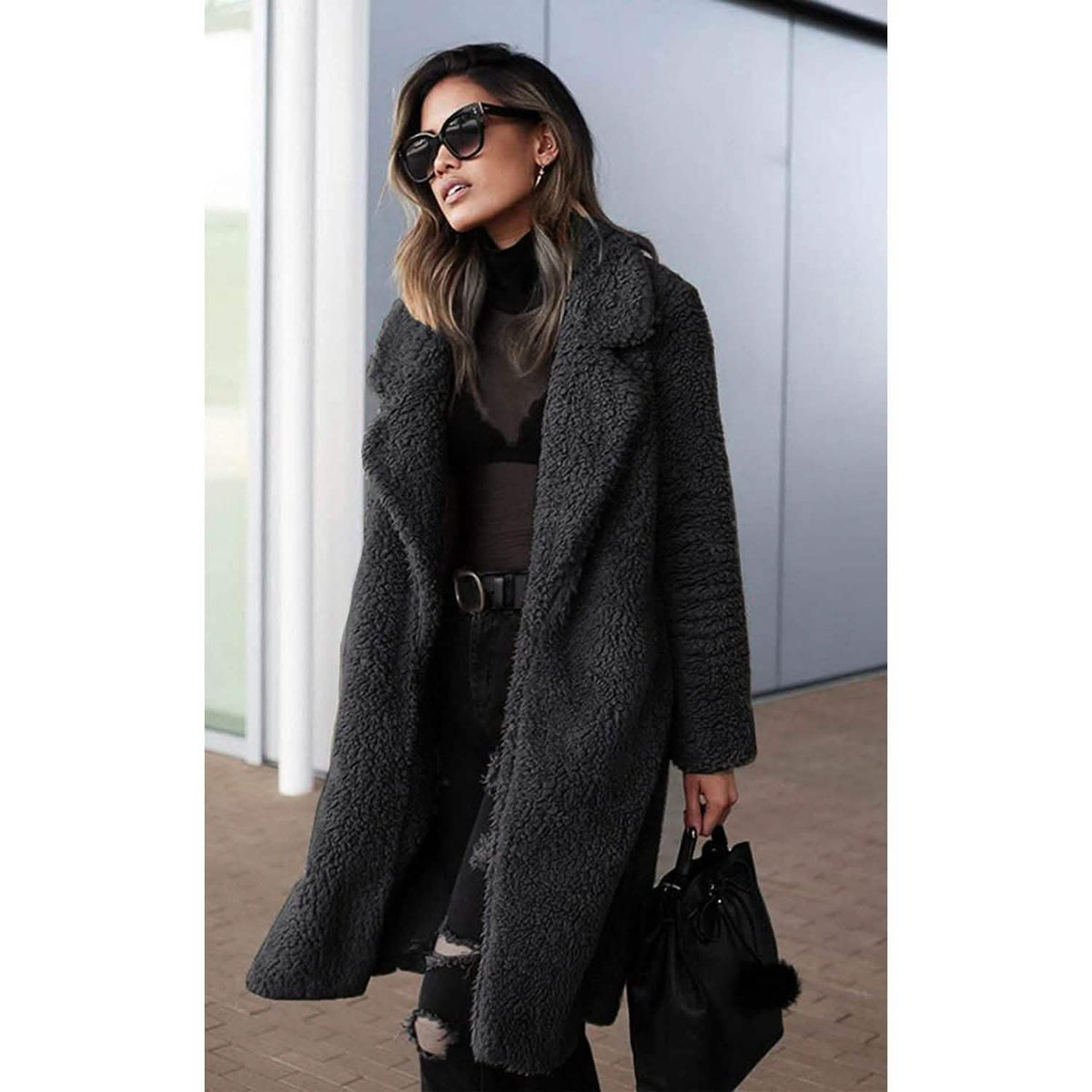 Women's Fuzzy Fleece Lapel Open Front Long Cardigan Coat Women's Outerwear - Tophatter Daily Deals