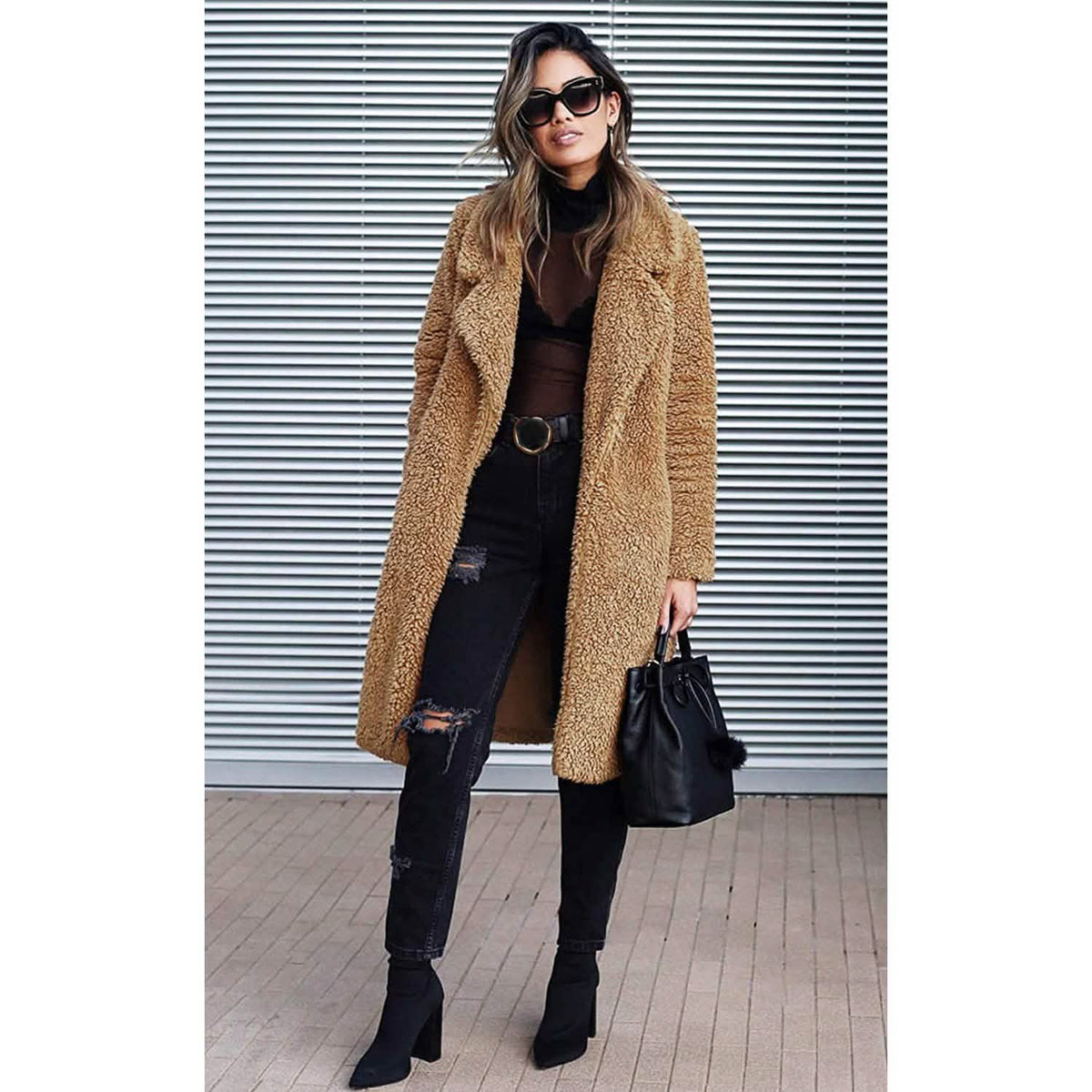 Women's Fuzzy Fleece Lapel Open Front Long Cardigan Coat Women's Outerwear - Tophatter Daily Deals