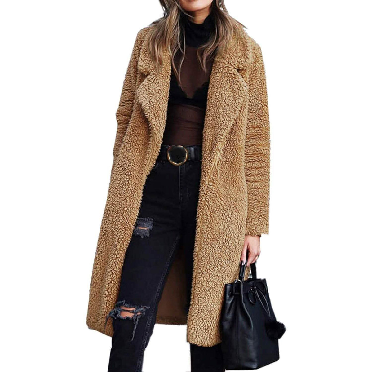 Women's Fuzzy Fleece Lapel Open Front Long Cardigan Coat Women's Outerwear - Tophatter Daily Deals