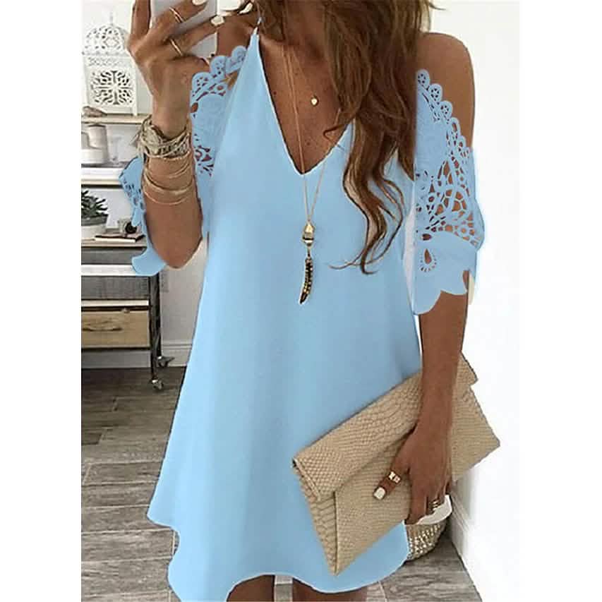 Women's Half Sleeve Solid Cutout Shift Dress Light Blue Women's Dresses - Tophatter Daily Deals