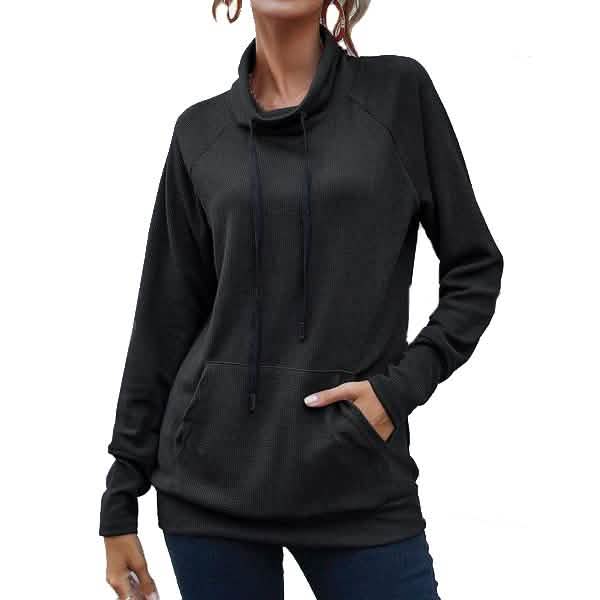 Women's High Collar Long Sleeve Lace Loose Pullover Top Hoodie Black Women's Tops - Tophatter Daily Deals