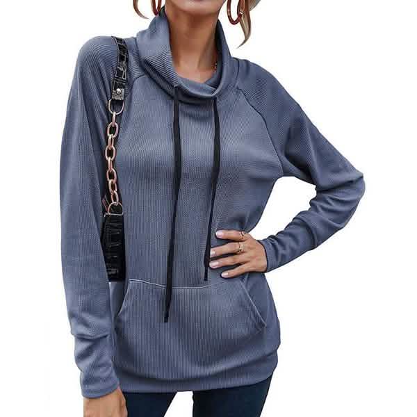 Women's High Collar Long Sleeve Lace Loose Pullover Top Hoodie Blue Women's Tops - Tophatter Daily Deals