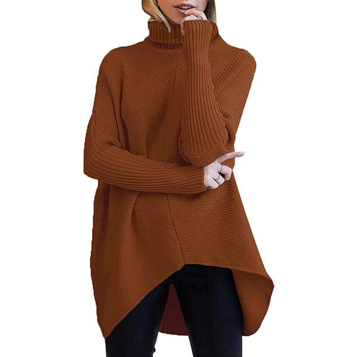 Women's High Neck Long Sweater Brown Women's Tops - Tophatter Daily Deals