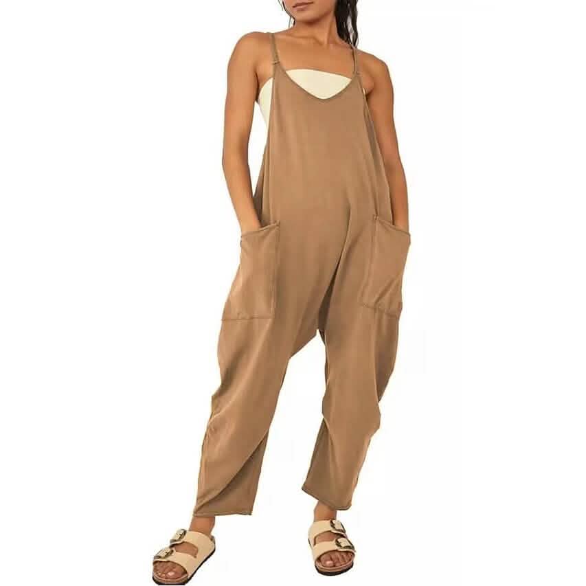 Women's Jumpsuit Maternity Solid Color V Neck Regular Fit Sleeveless Light Brown Women's Tops - Tophatter Daily Deals