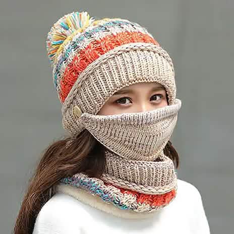 Women's Knitted Hat Scarf Mask Set Beige Hats - Tophatter Daily Deals