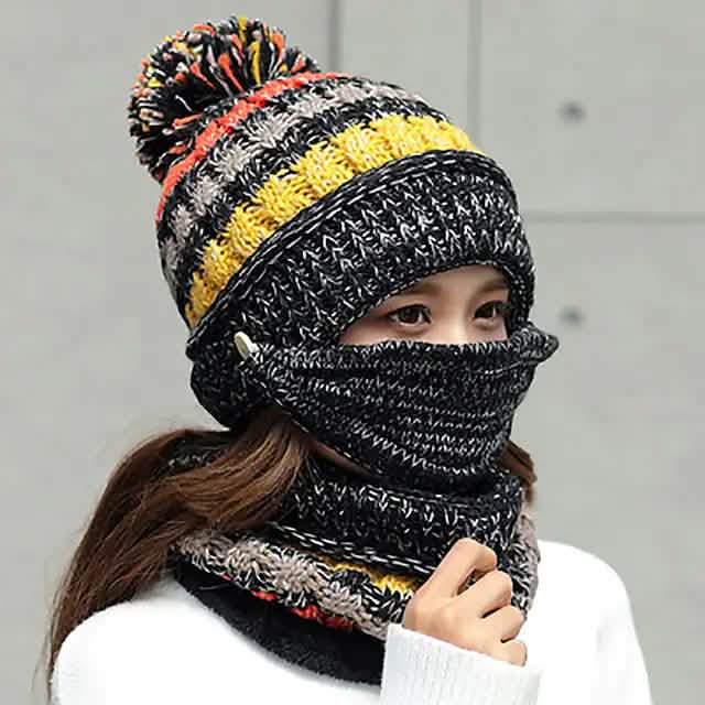 Women's Knitted Hat Scarf Mask Set Black Hats - Tophatter Daily Deals
