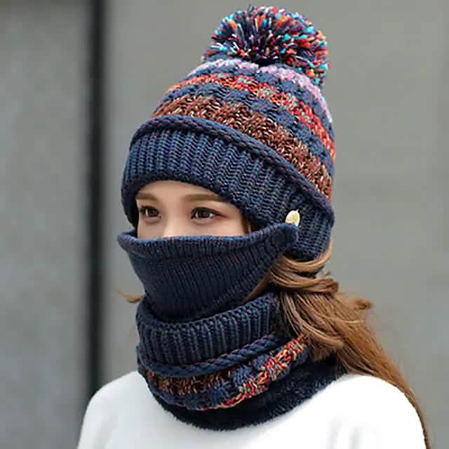 Women's Knitted Hat Scarf Mask Set Blue Hats - Tophatter Daily Deals