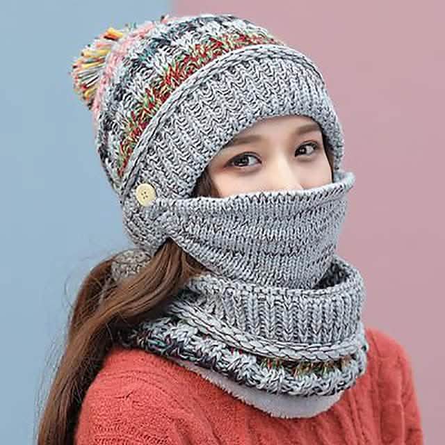 Women's Knitted Hat Scarf Mask Set Gray Hats - Tophatter Daily Deals