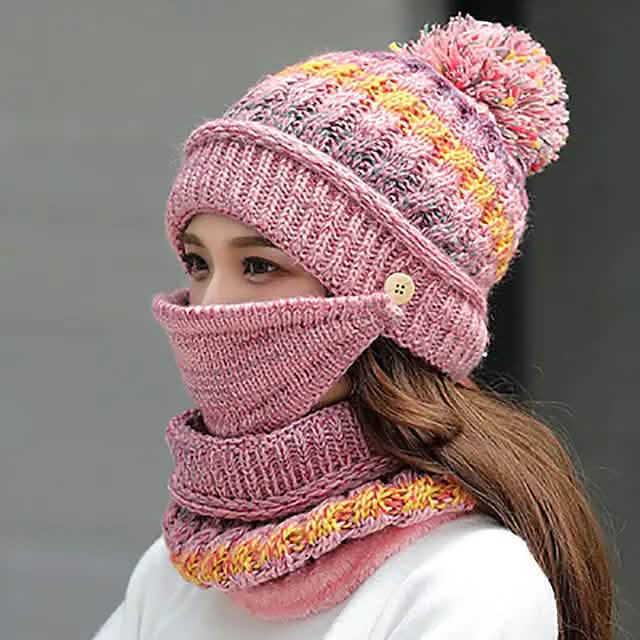 Women's Knitted Hat Scarf Mask Set Pink Hats - Tophatter Daily Deals