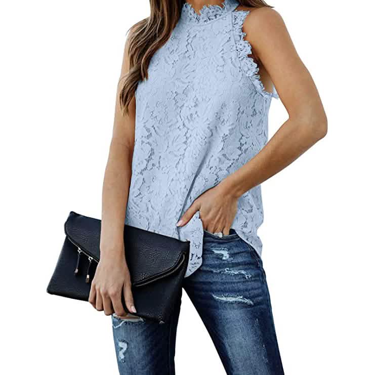 Women's Lace Crochet Hollow Out Tank Top Sky Blue Women's Tops - Tophatter Daily Deals