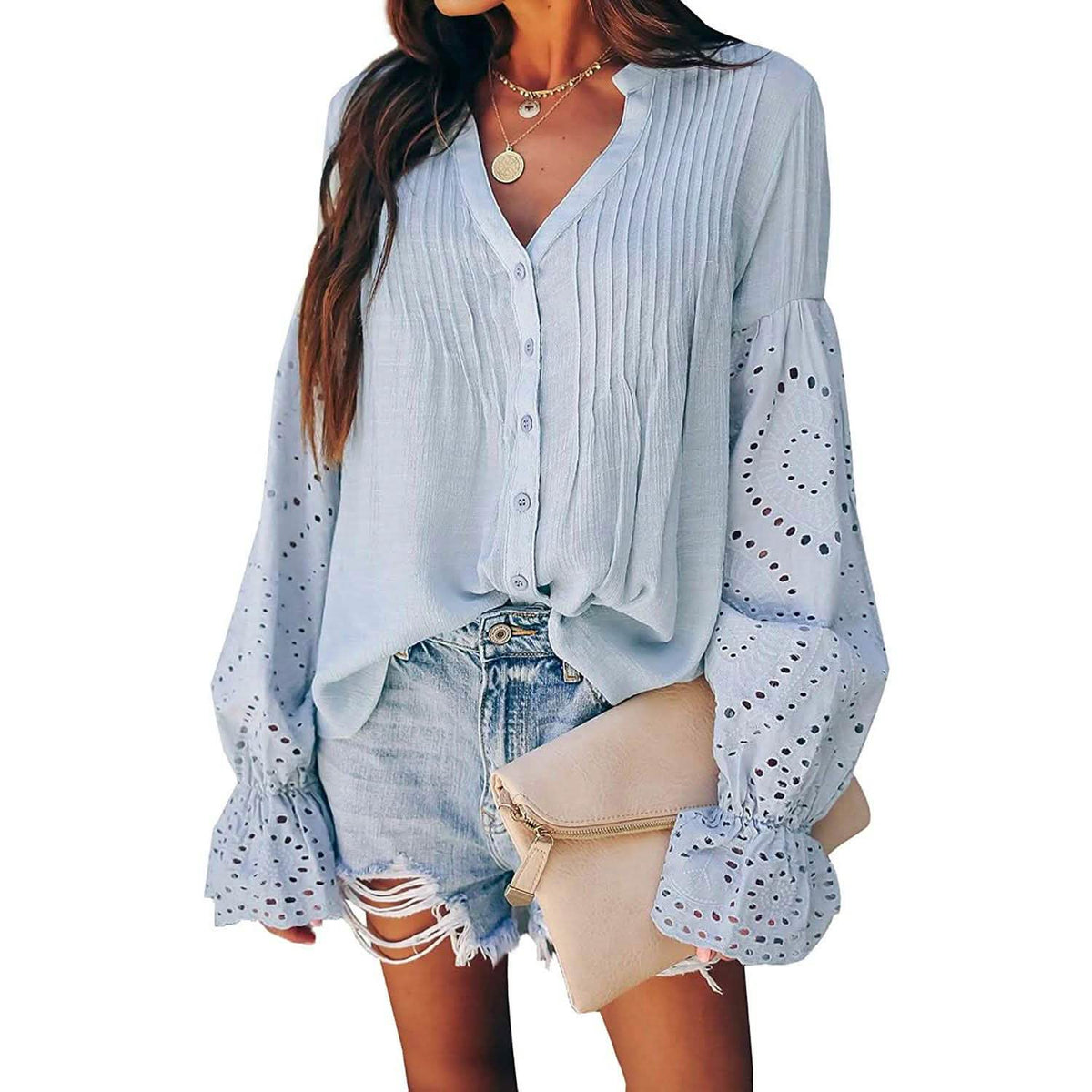 Women's Lace Crochet V-Neck Top Sky Blue Women's Tops - Tophatter Daily Deals