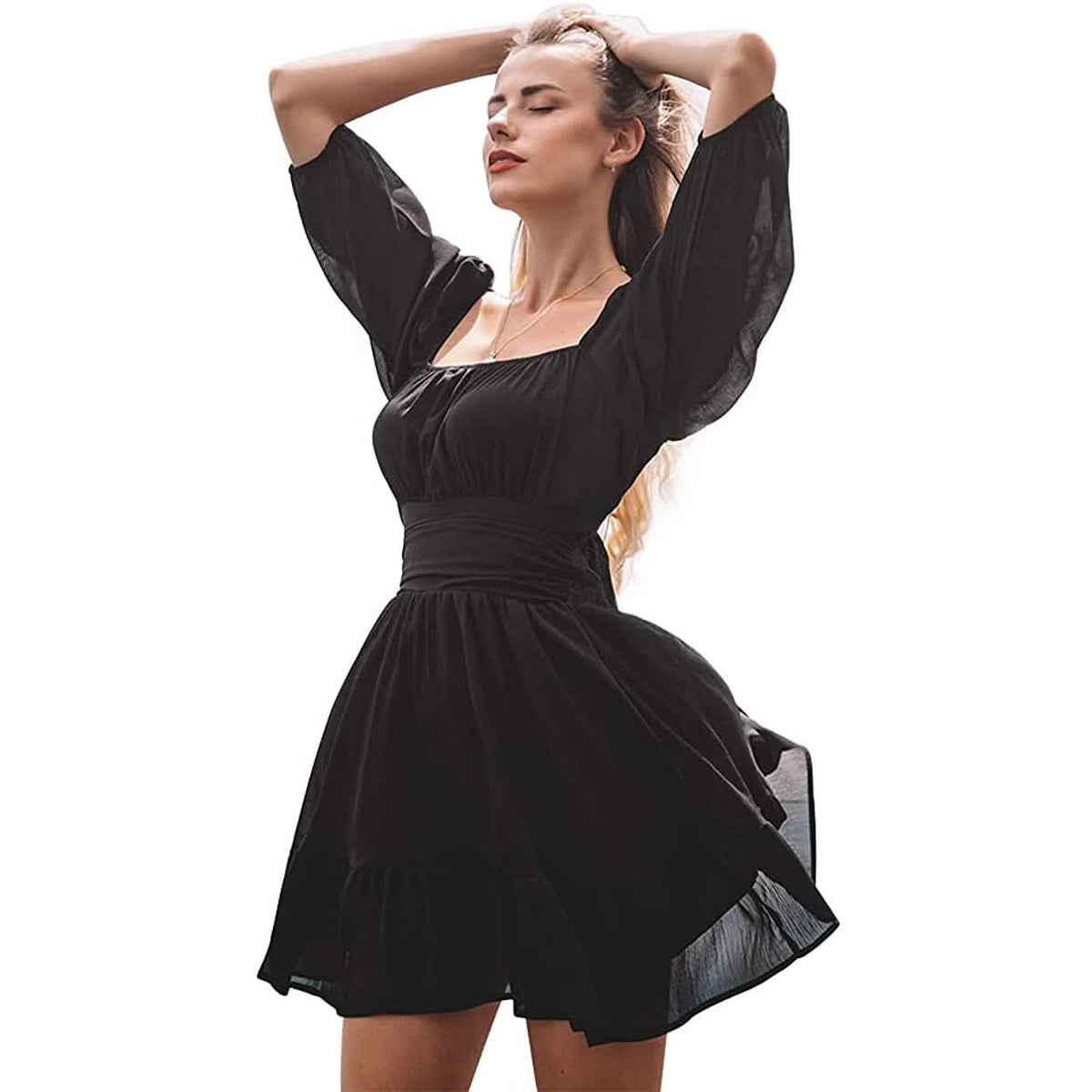 Women's Lantern Sleeve Tie Back Mini Dress Black Women's Dresses - Tophatter Daily Deals