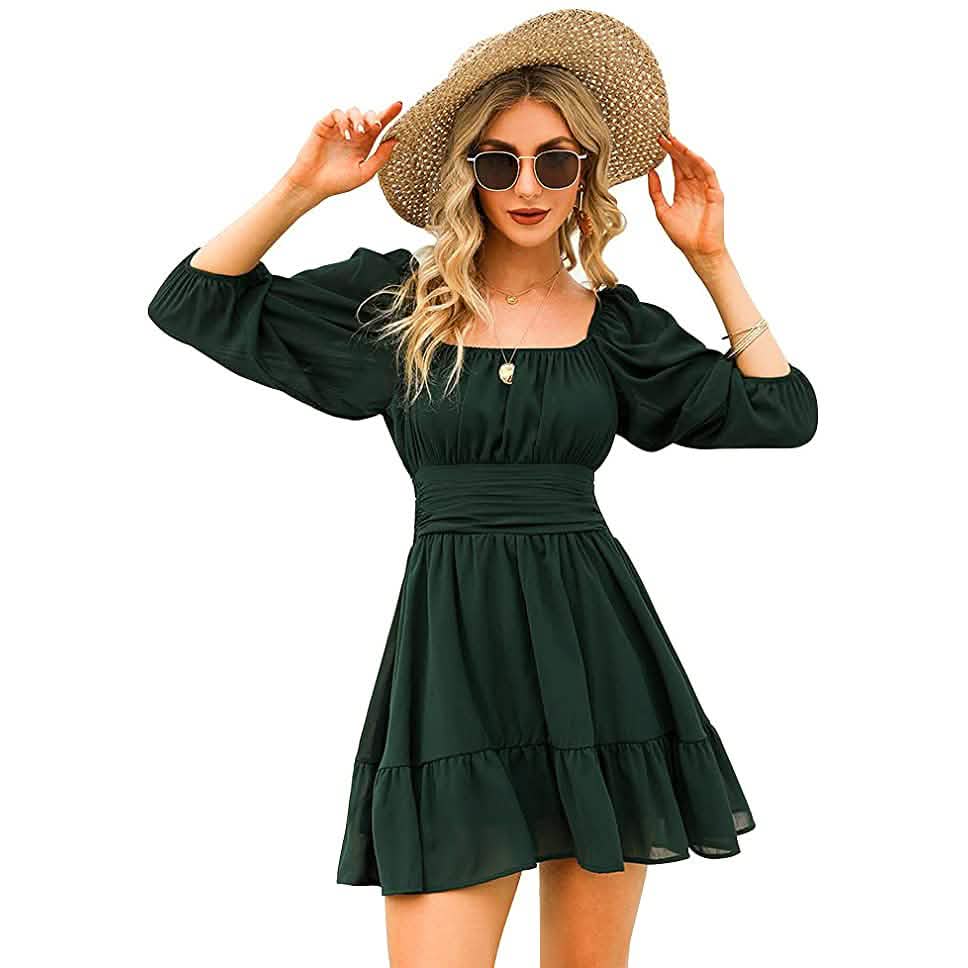 Women's Lantern Sleeve Tie Back Mini Dress Dark Green Women's Dresses - Tophatter Daily Deals