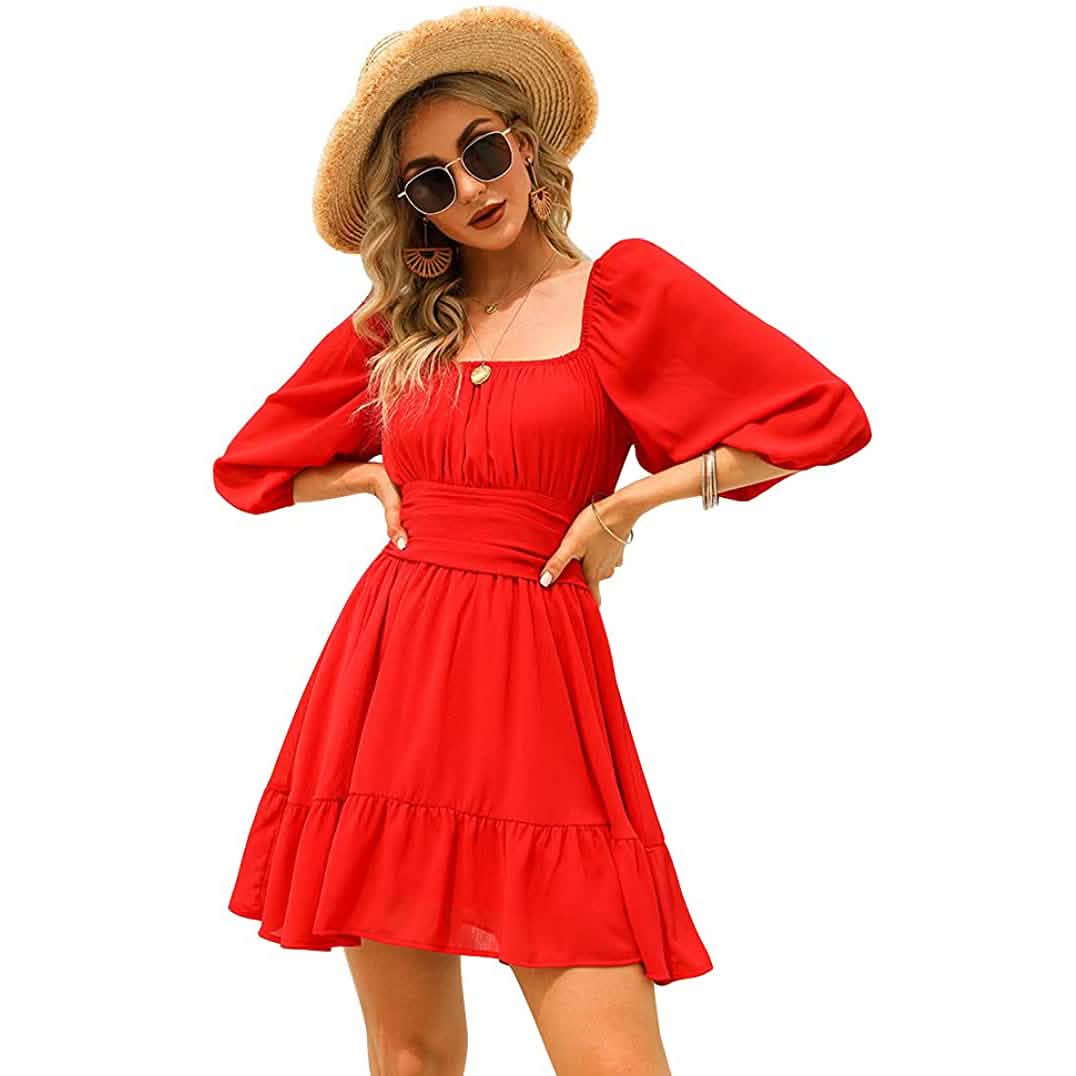 Women's Lantern Sleeve Tie Back Mini Dress Red Women's Dresses - Tophatter Daily Deals