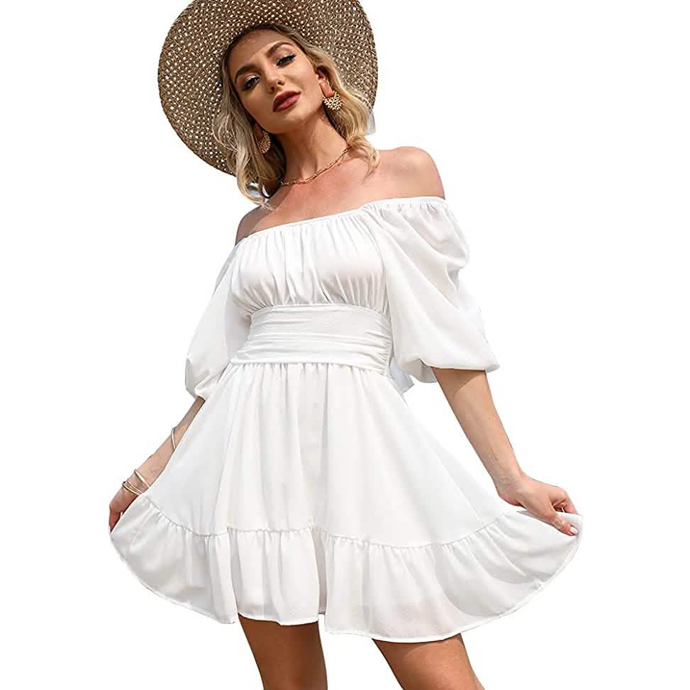 Women's Lantern Sleeve Tie Back Mini Dress White Women's Dresses - Tophatter Daily Deals