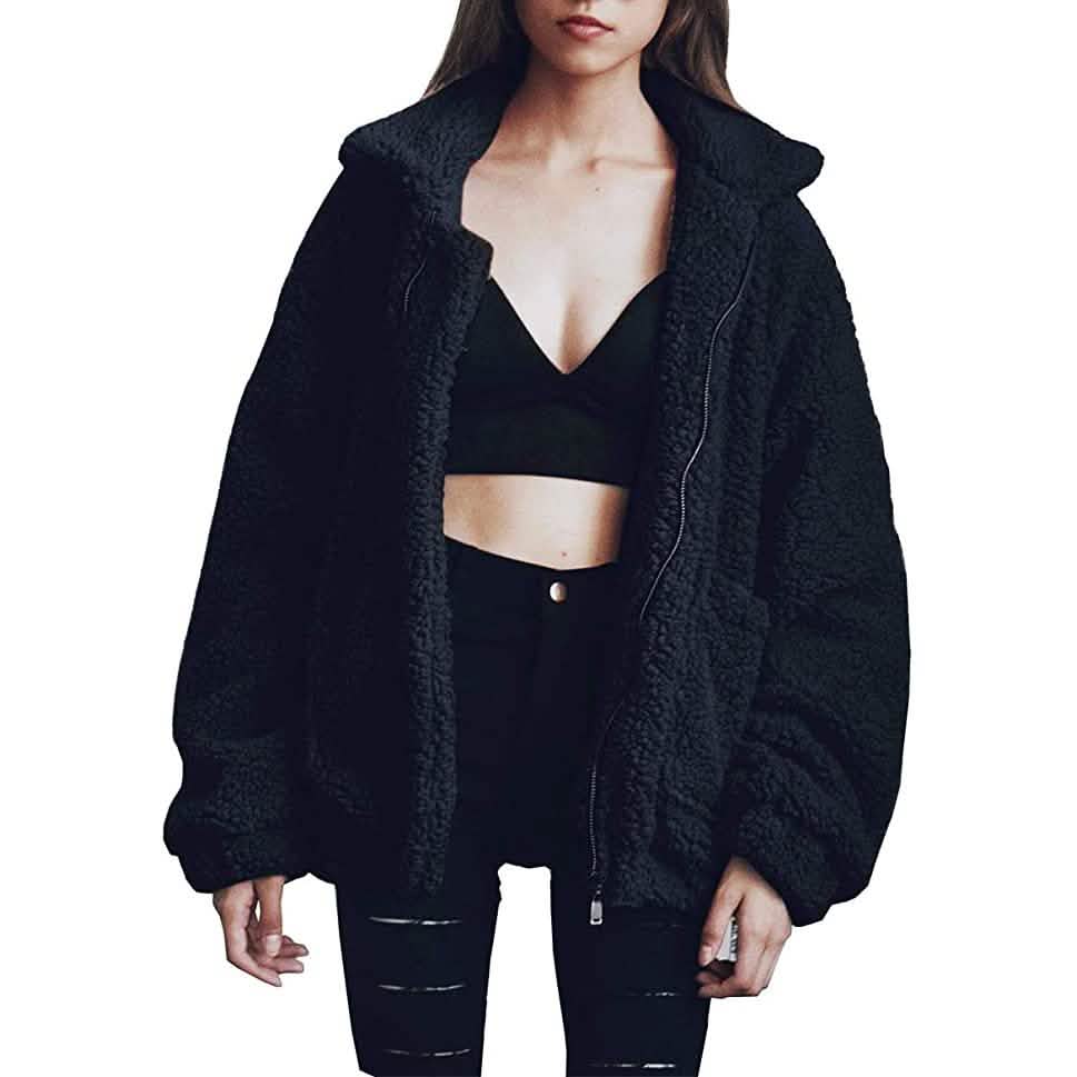 Women's Lapel Zip Up Faux Shearling Shaggy Coat Jacket Black Women's Outerwear - Tophatter Daily Deals