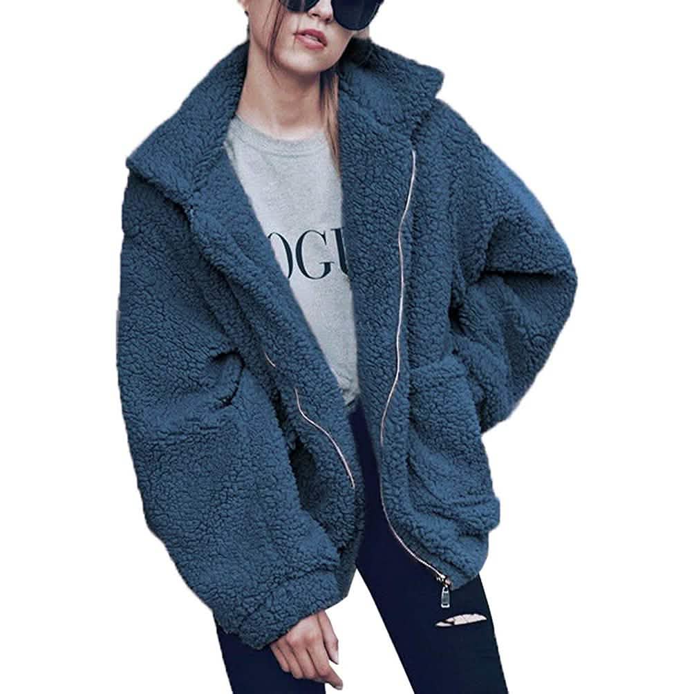 Women's Lapel Zip Up Faux Shearling Shaggy Coat Jacket Blue Women's Outerwear - Tophatter Daily Deals