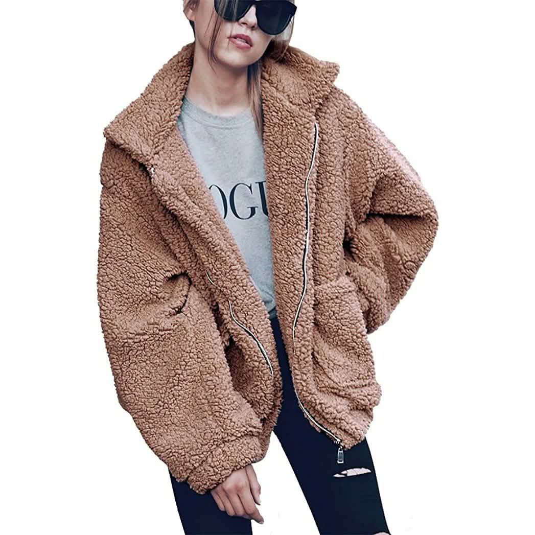 Women's Lapel Zip Up Faux Shearling Shaggy Coat Jacket Khaki Women's Outerwear - Tophatter Daily Deals