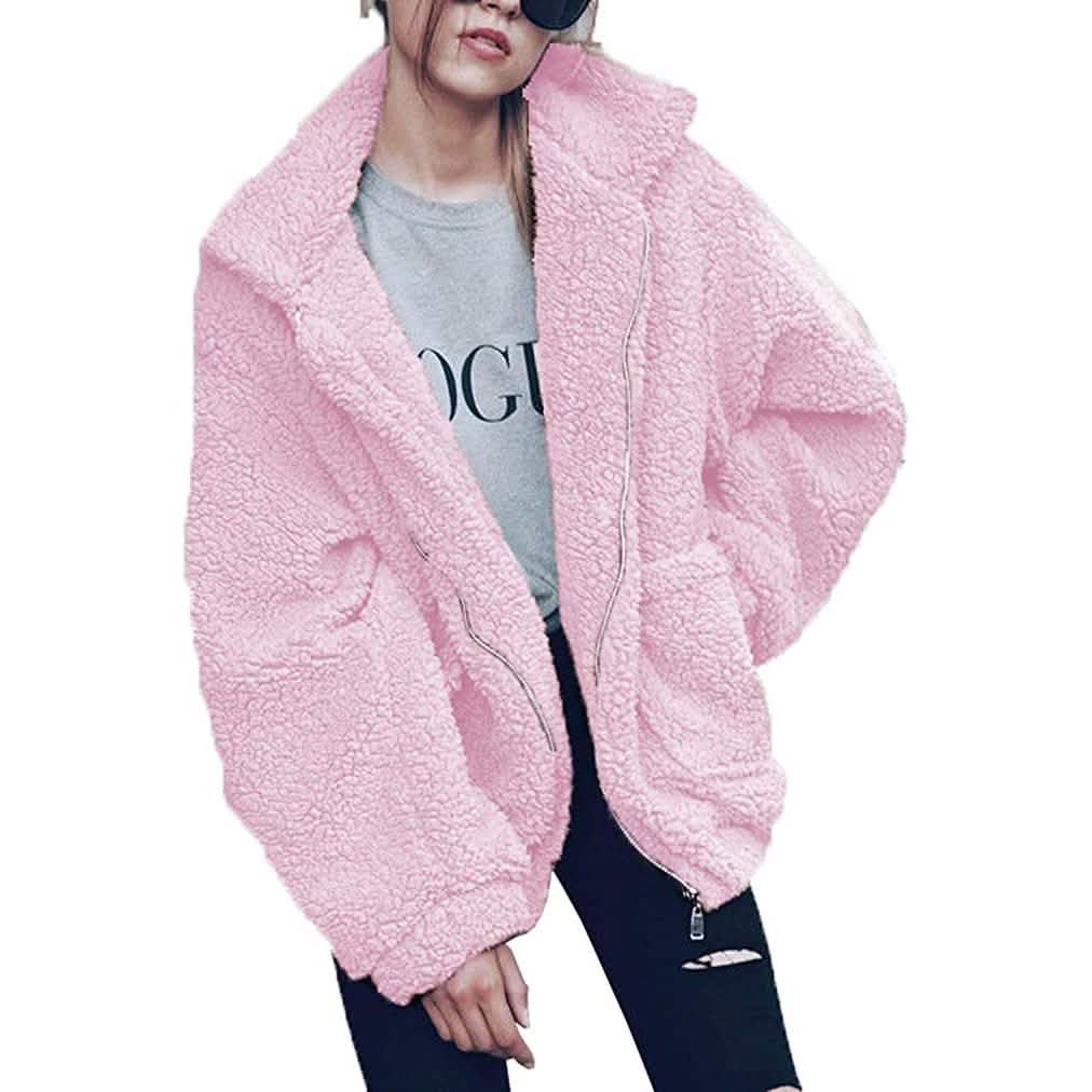 Women's Lapel Zip Up Faux Shearling Shaggy Coat Jacket Pink Women's Outerwear - Tophatter Daily Deals