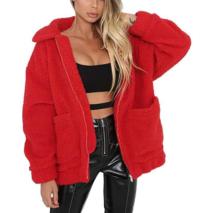 Women's Lapel Zip Up Faux Shearling Shaggy Coat Jacket Red Women's Outerwear - Tophatter Daily Deals