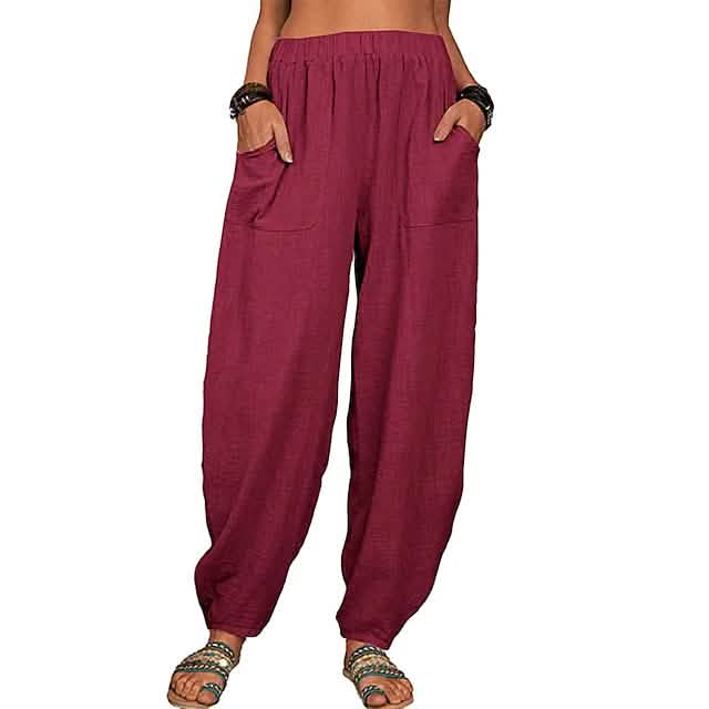 Women's Linen High Waist Wide Leg Pants Burgundy Women's Bottoms - Tophatter Daily Deals
