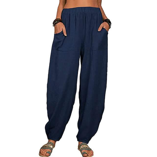Women's Linen High Waist Wide Leg Pants Navy Women's Bottoms - Tophatter Daily Deals