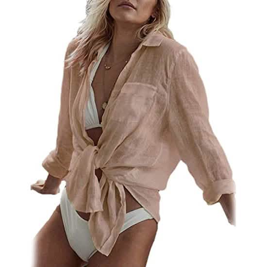 Women's Long Sleeve Beach Shirt Blouse Apricot Women's Tops - Tophatter Daily Deals
