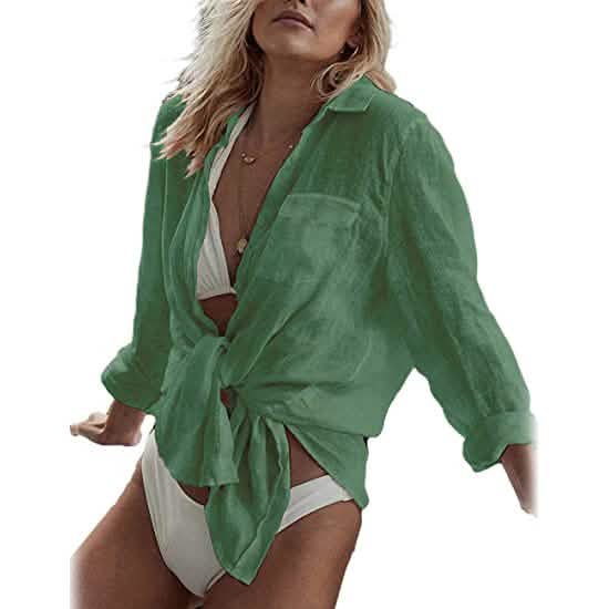 Women's Long Sleeve Beach Shirt Blouse Green Women's Tops - Tophatter Daily Deals
