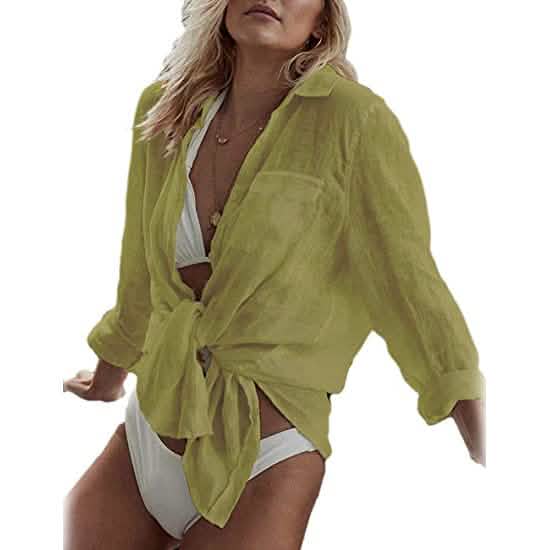 Women's Long Sleeve Beach Shirt Blouse Yellow Women's Tops - Tophatter Daily Deals