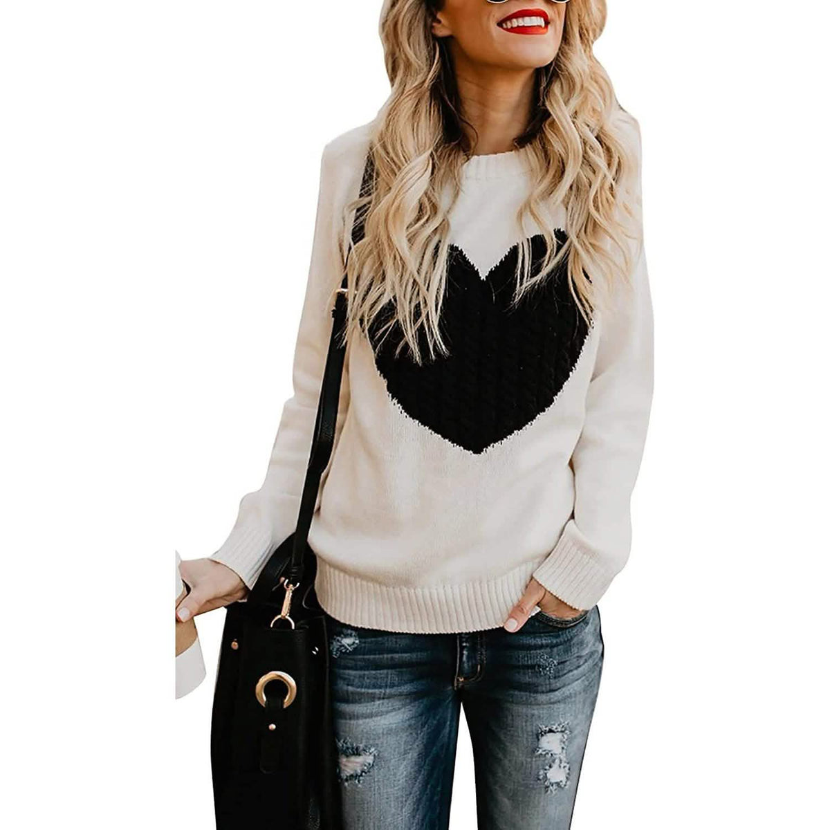 Women's Long Sleeve Crewneck Cute Heart Knitted Sweaters Beige Women's Tops - Tophatter Daily Deals