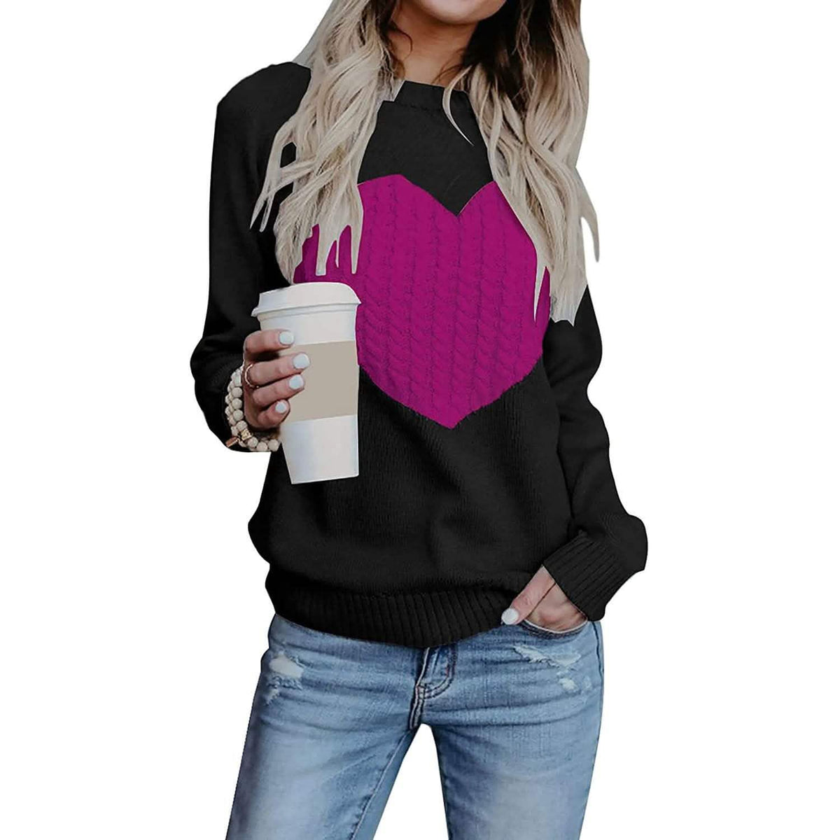 Women's Long Sleeve Crewneck Cute Heart Knitted Sweaters Purple Women's Tops - Tophatter Daily Deals