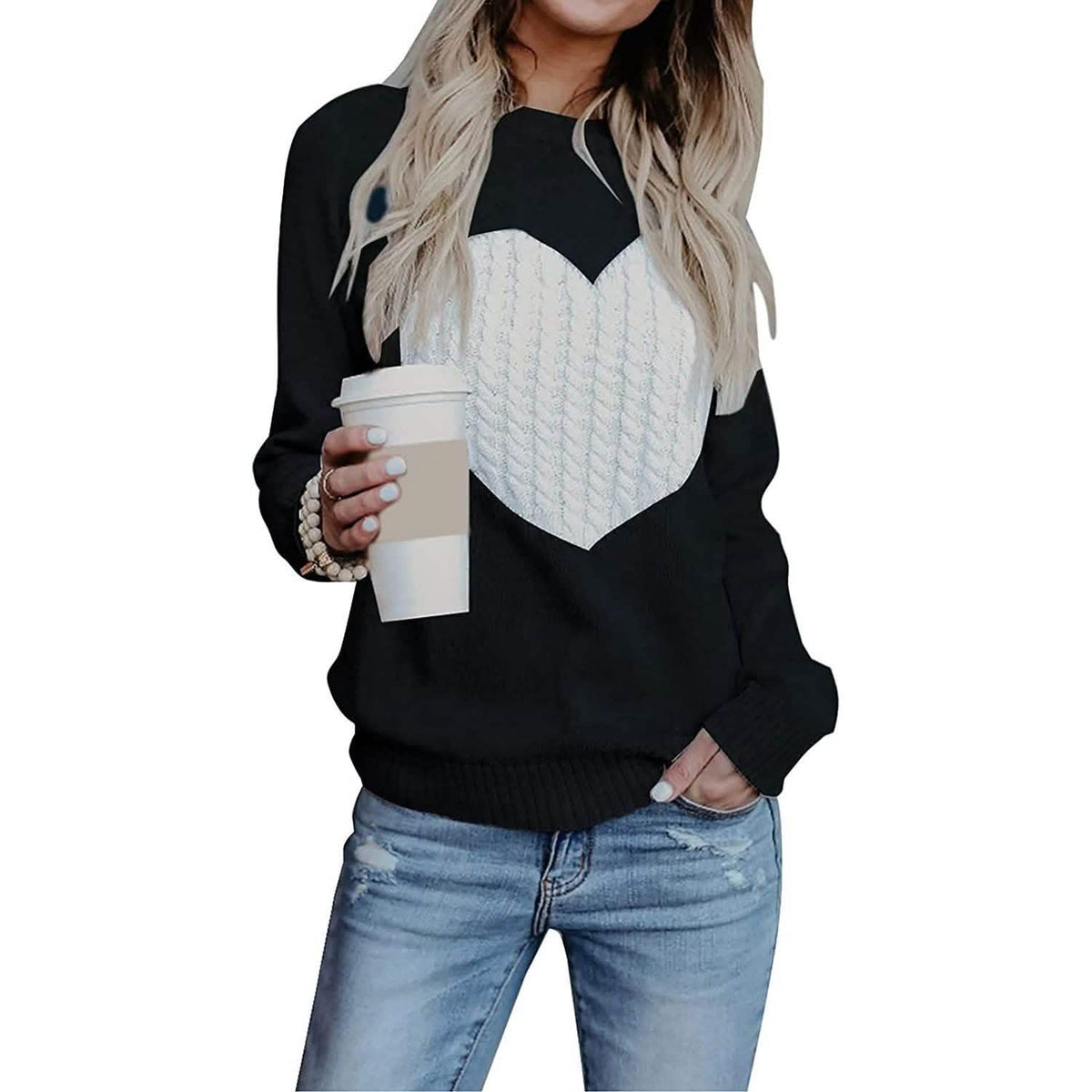 Women's Long Sleeve Crewneck Cute Heart Knitted Sweaters Black White Women's Tops - Tophatter Daily Deals