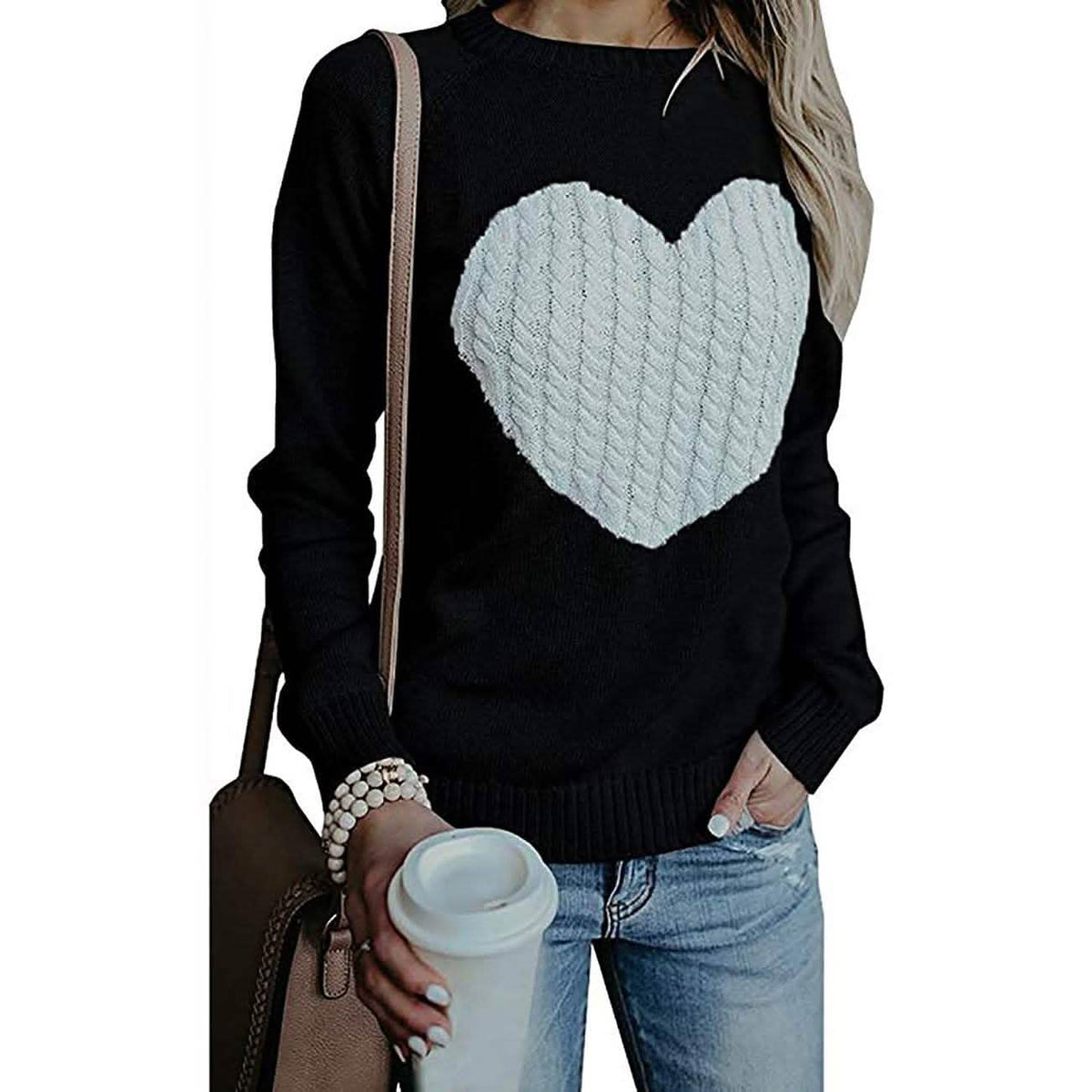 Women's Long Sleeve Crewneck Cute Heart Knitted Sweaters Women's Tops - Tophatter Daily Deals